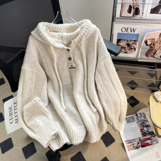 Hooded Soft Glutinous Thick Drawstring Knitted Sweater Top