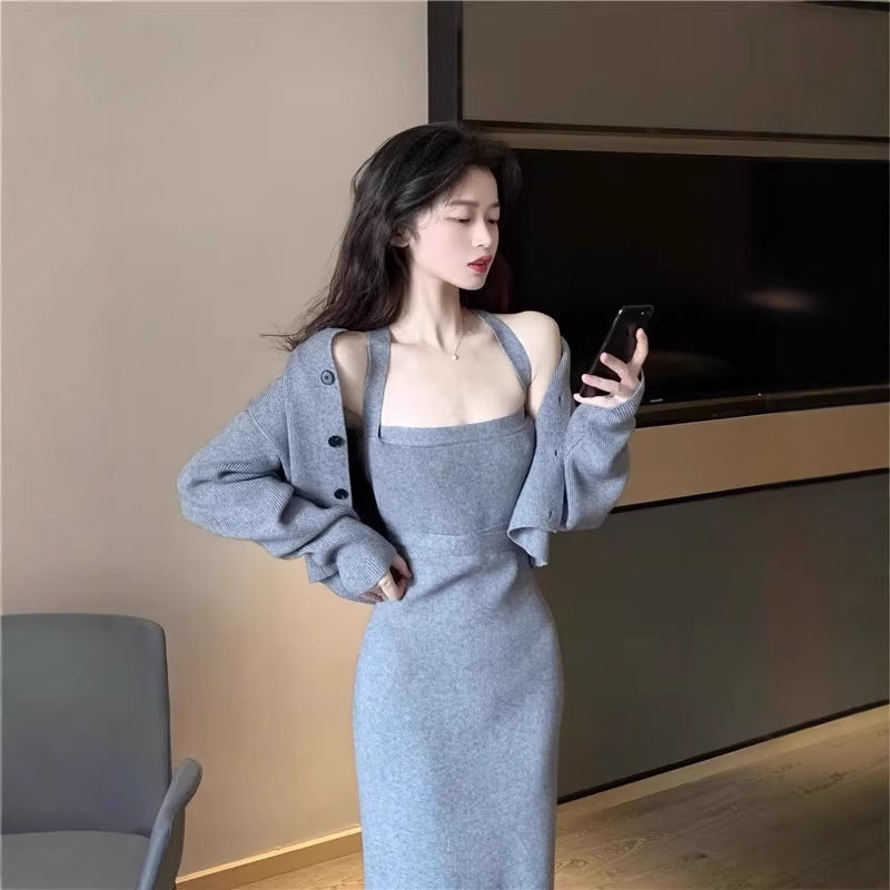 Slim Fit Sweater Knitted Suspenders Dress Two-piece Set