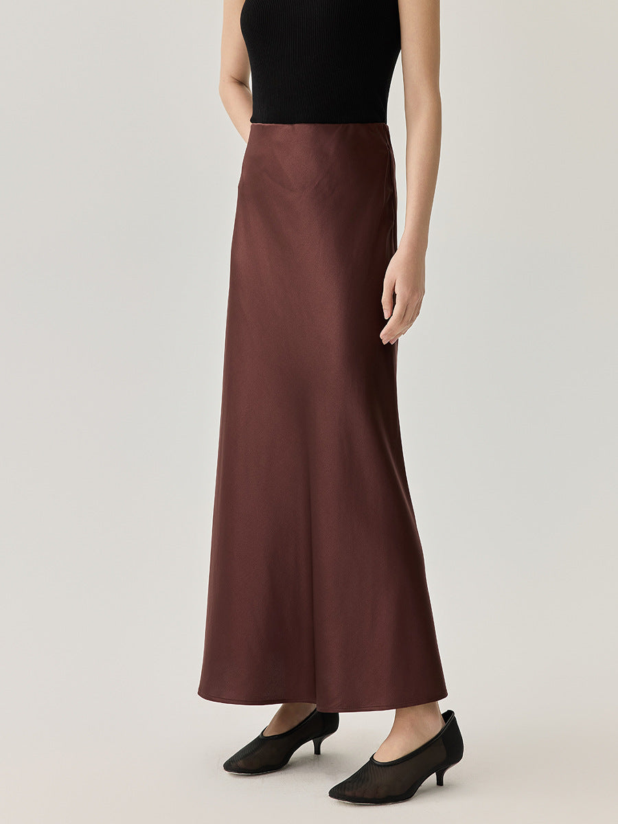 Women's Solid Color Silk Mid-length Elastic Waist Skirt