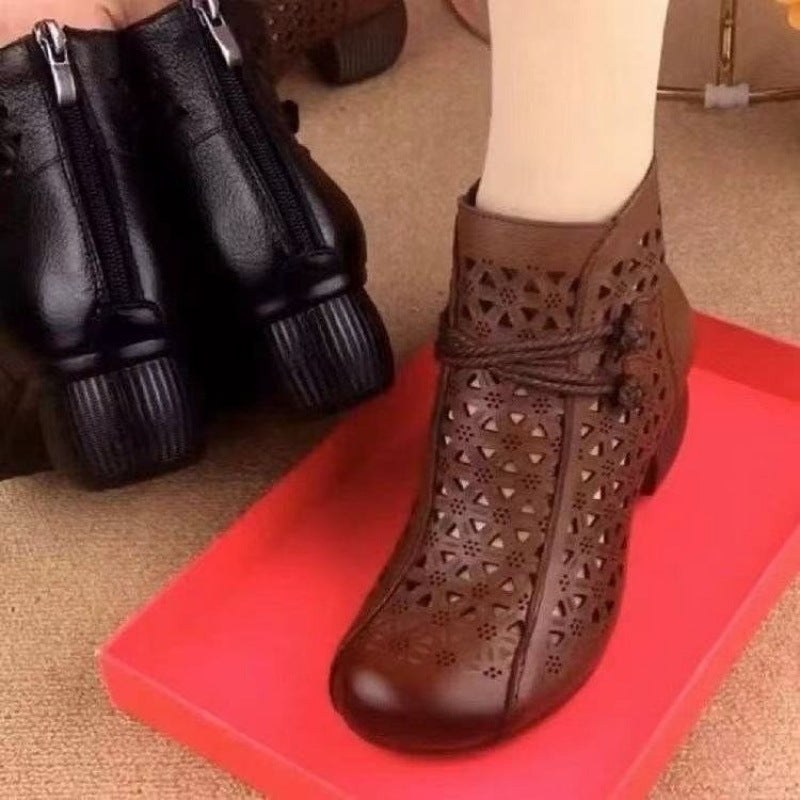 Leather Mid-heel Comfortable Retro Closed Toe Chunky Heel Hollow Sandals