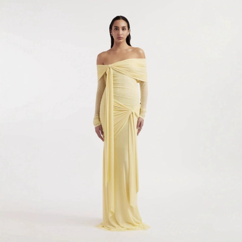 Rare Flowy Yellow Spliced Off-shoulder Dress With Irregular Pleats And Draped Shoulder Detailing