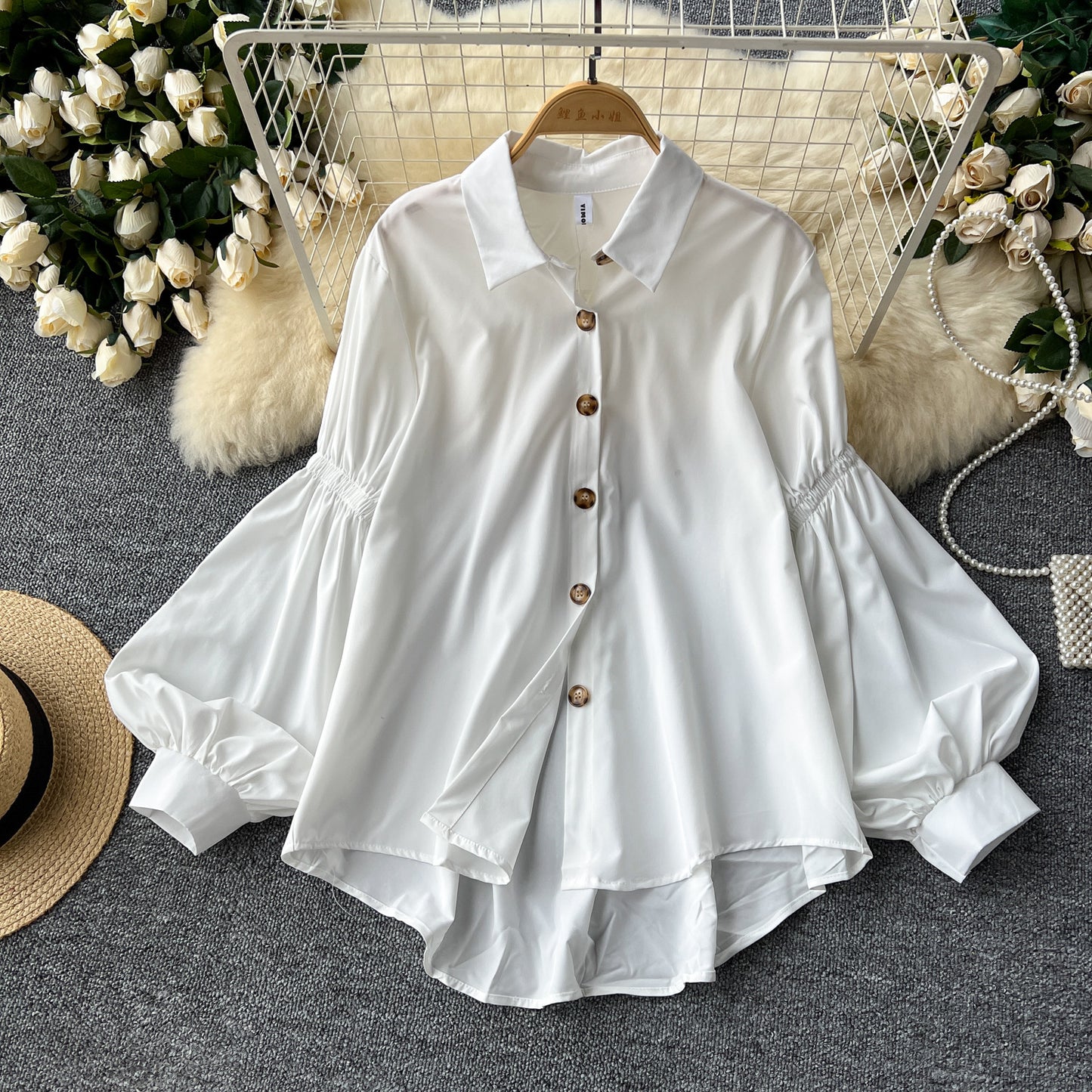 Pleated Lantern-sleeve Single-breasted Loose-fitting Versatile Shirt