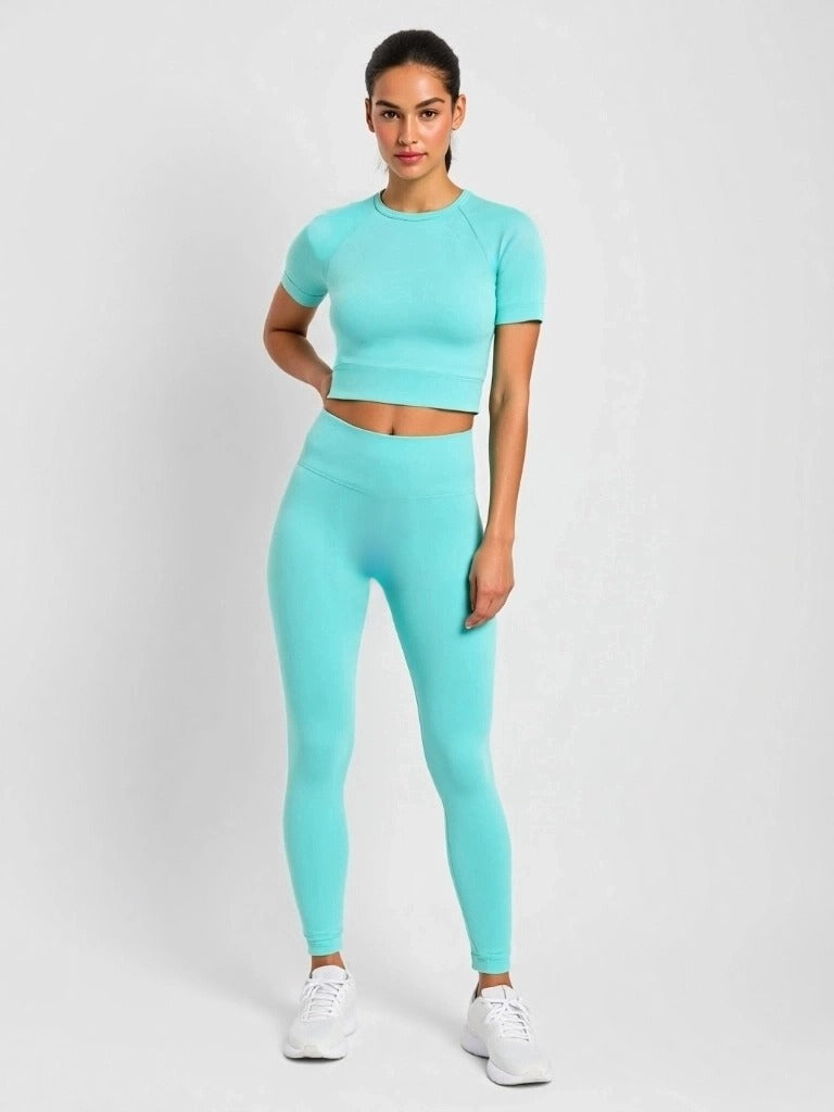 New Solid-color Athletic Yoga Short-sleeve Tight Two-piece Set