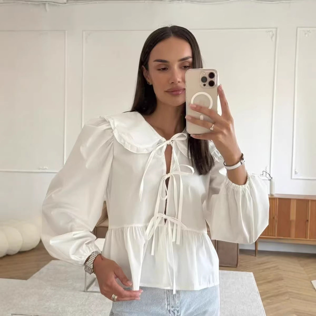 Stylish Work-appropriate White Lace-up Shirt Crafted From Premium Cotton Fabric