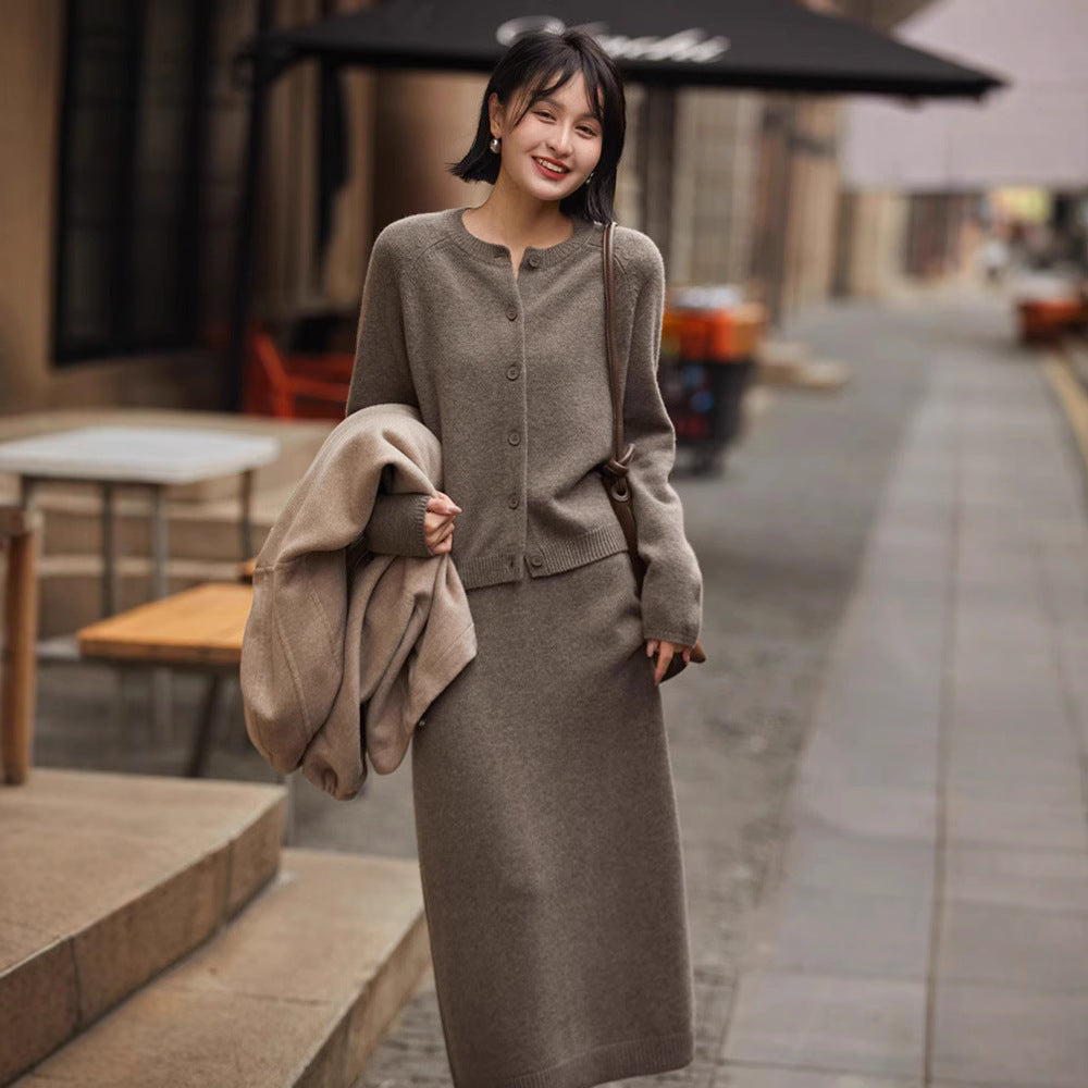 High-grade Temperament Crew Neck Wool Knit Cardigan Suit Skirt Women's Loose Two-piece Suit Sweater Cardigan Skirt