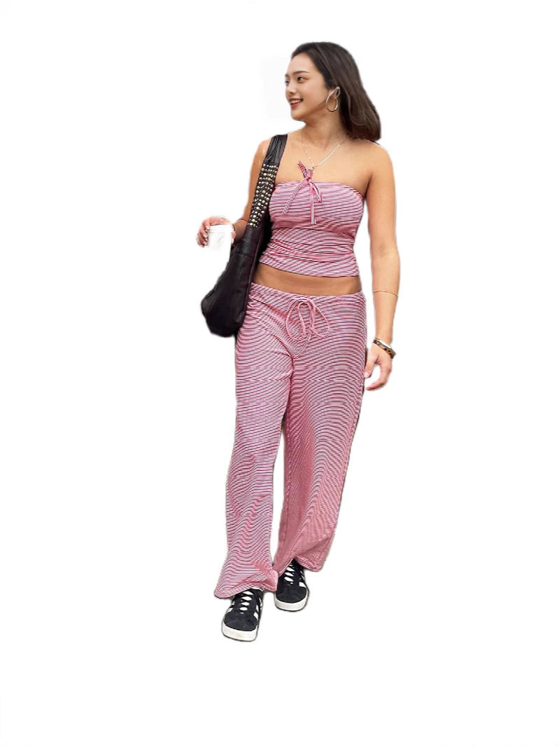 Printed Casual Striped Knitted Tube Top And Lace Up Pants Set