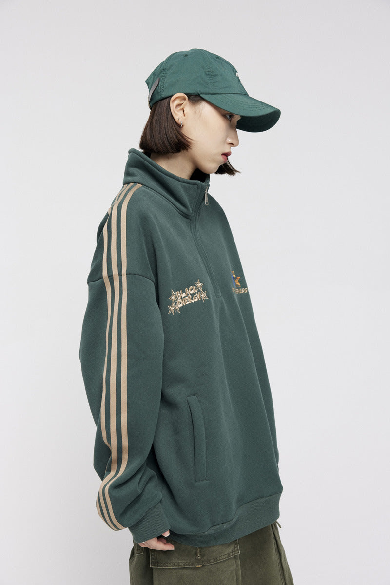 Men's American-style Retro Street Striped With Fleece Lining Half Zipper Jacket