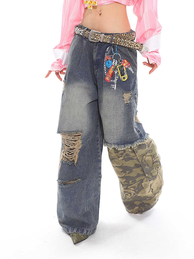 Stitched Camouflage Jeans Fake Two-piece Chain Printed Wide-leg Pants