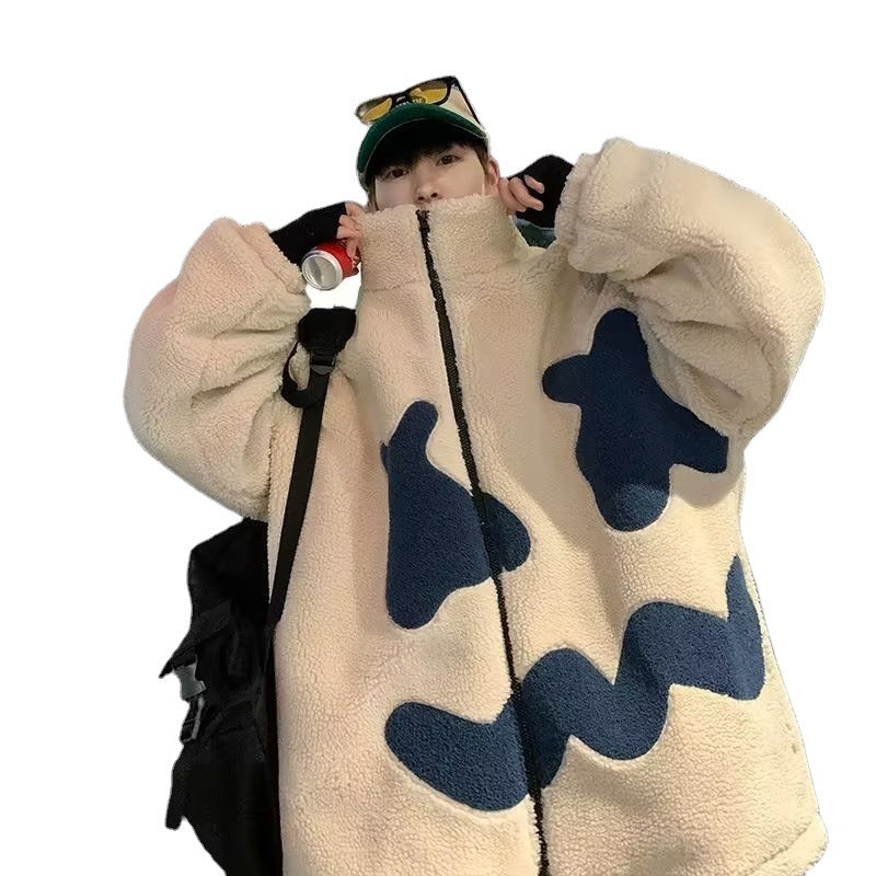Stand Collar Winter Fleece-lined Thickening Embroidery Loose All-match Lamb Wool Coat For Men
