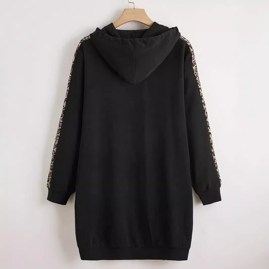 Hættetrøje med løbesnor og leopardprint i plus size