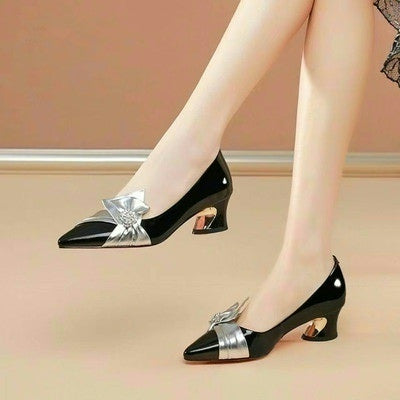 Thick Heels With Color Matching Low-heel Pointed Toe Shoes Women's Mid-heel