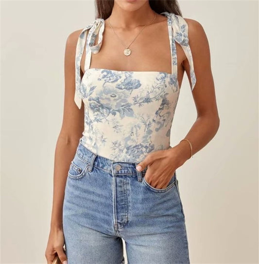 New INS Flower Print Tie Bow Slim Top