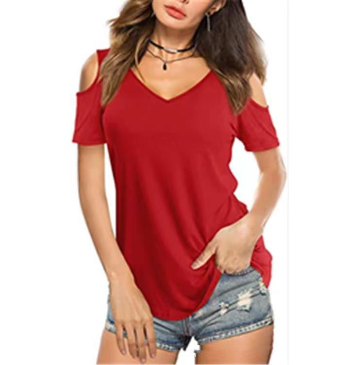Ny V-hals Ensfarvet Off-shoulder Kortærmet T-shirt