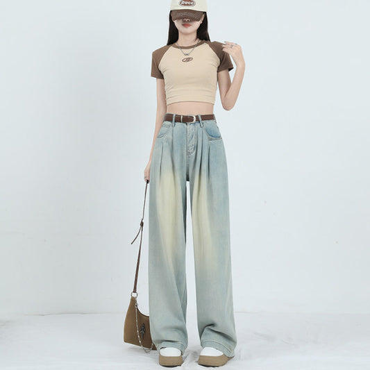 Koreansk stil vidde bukser høj talje løse plisserede lige "Mop" jeans