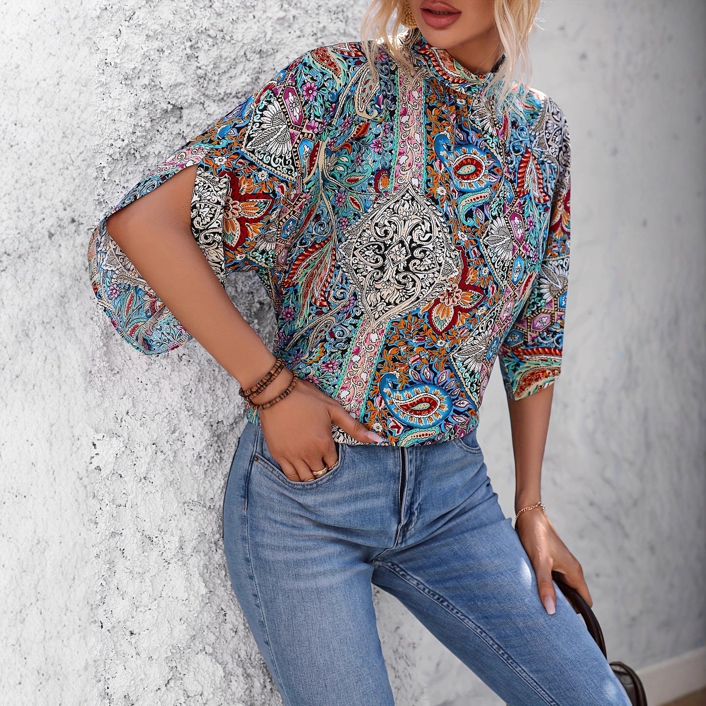Paisley-print V-neck Loose-fit Long-sleeve Womens Blouseundershirt