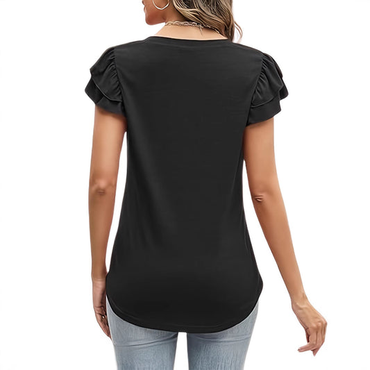 Casual Printing Ruffled Short Sleeves V-neck T-shirt