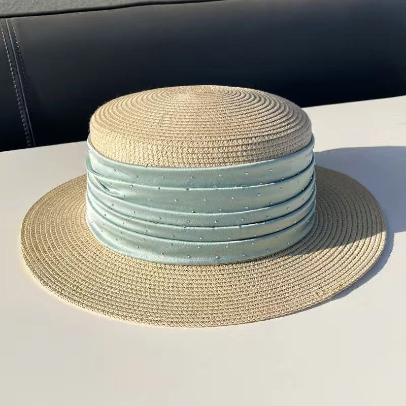 Spring And Summer Short Brim Satin Rhinestone Straw Flat Top Hat Women