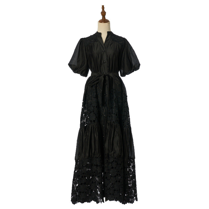 Female Strap Lace Splicing V-neck Bubble Sleeve Dress