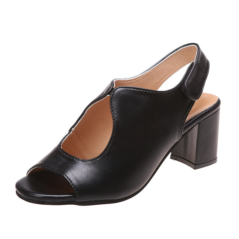 Leather Shoes Deep Cut Middle Heel Hollow Out Sandals Women's Shoes