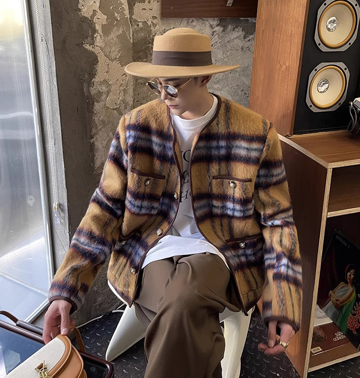 Mohair Plaid Vintage Long Woolen Collarless Jacket