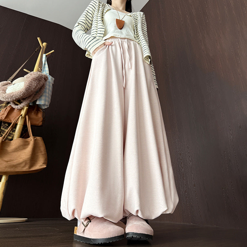Womens High-Waisted Fleece-Lined Solid-Color Lamb Wool Bloomer Culottes