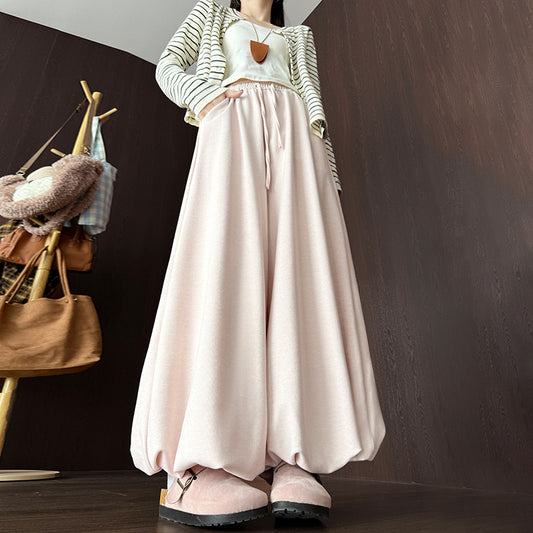 Womens High-Waisted Fleece-Lined Solid-Color Lamb Wool Bloomer Culottes