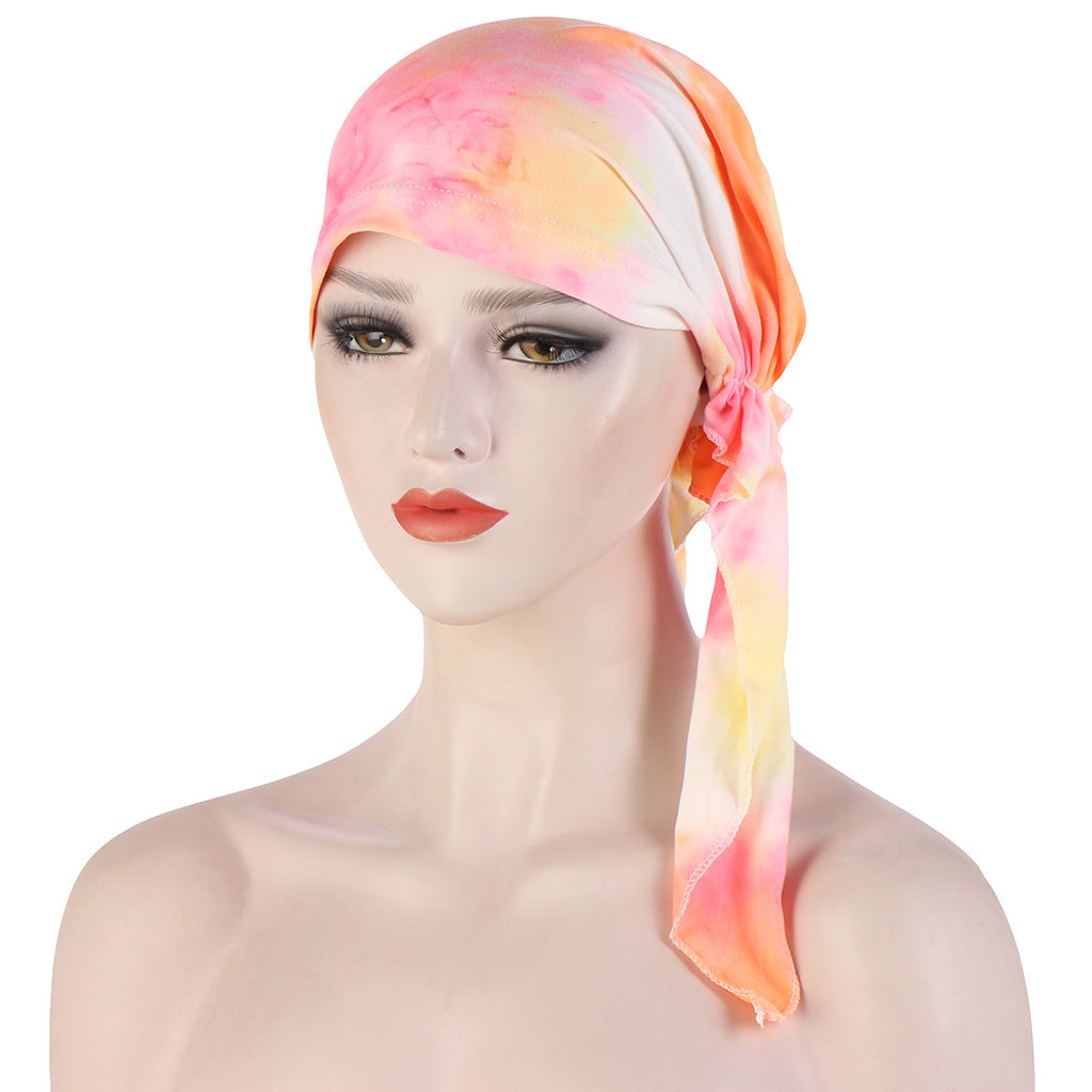 Curved Floral Fabric Two-tail Tie-dye Headscarf