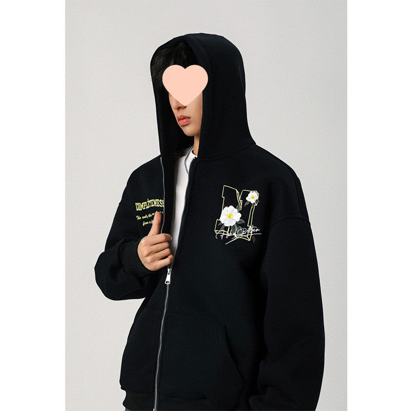 Embroidery Cardigan Hooded Sweatshirt Men's Coat