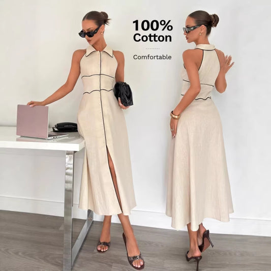 Womens Sleeveless Single-Breasted Lapel Collar High-Waist Dress