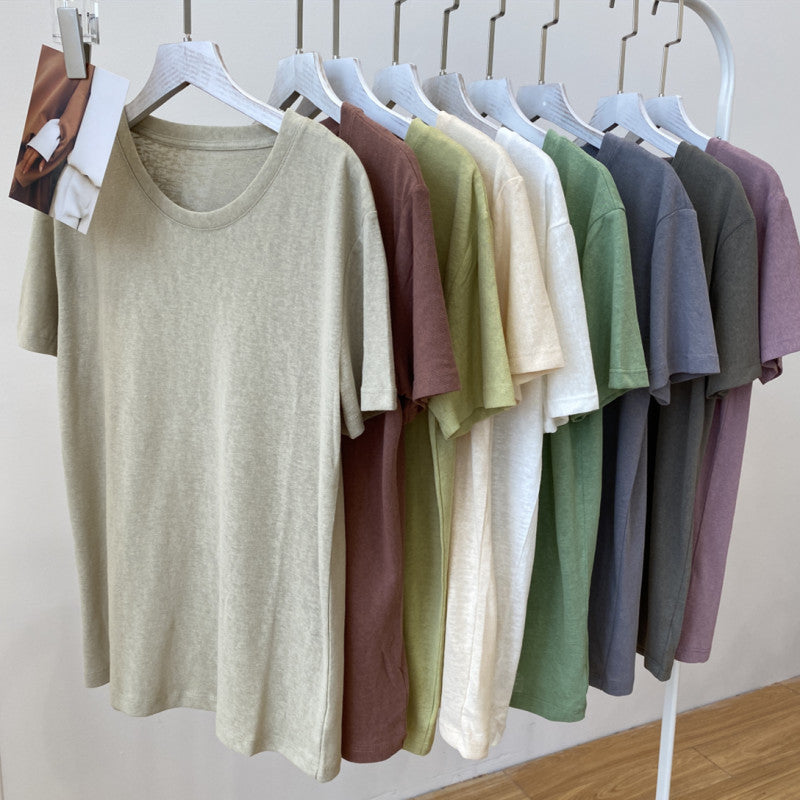 Loose Cotton And Linen Short-sleeved T-shirt Round Neck Top