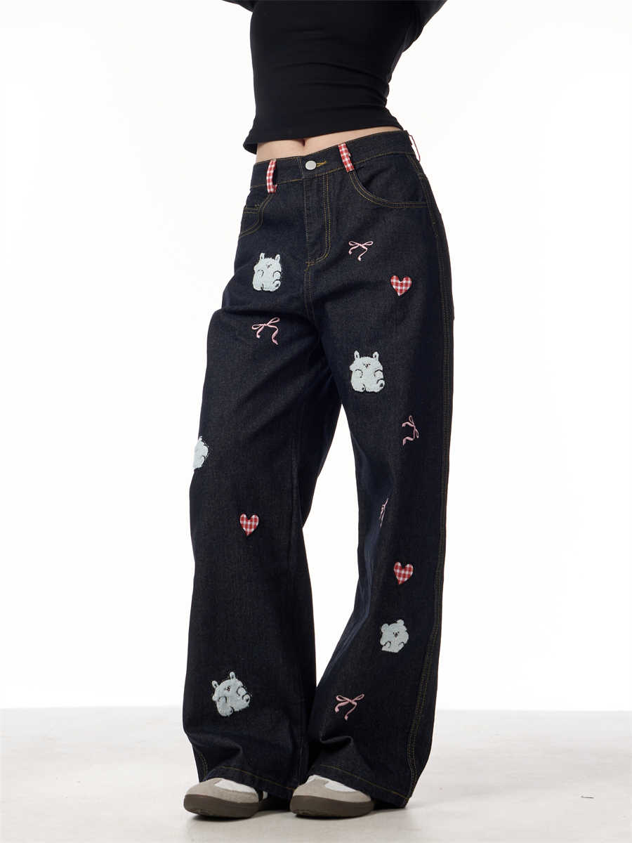 Jeans med lammebroderi til kvinder, retro, lige ben