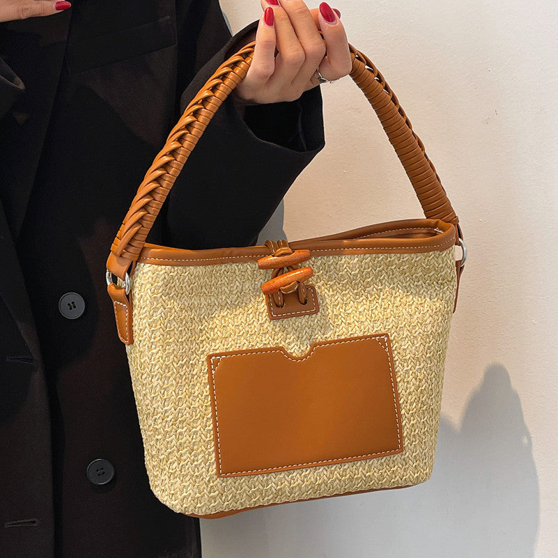 Versatile One-shoulder Bucket Woven Straw Bag