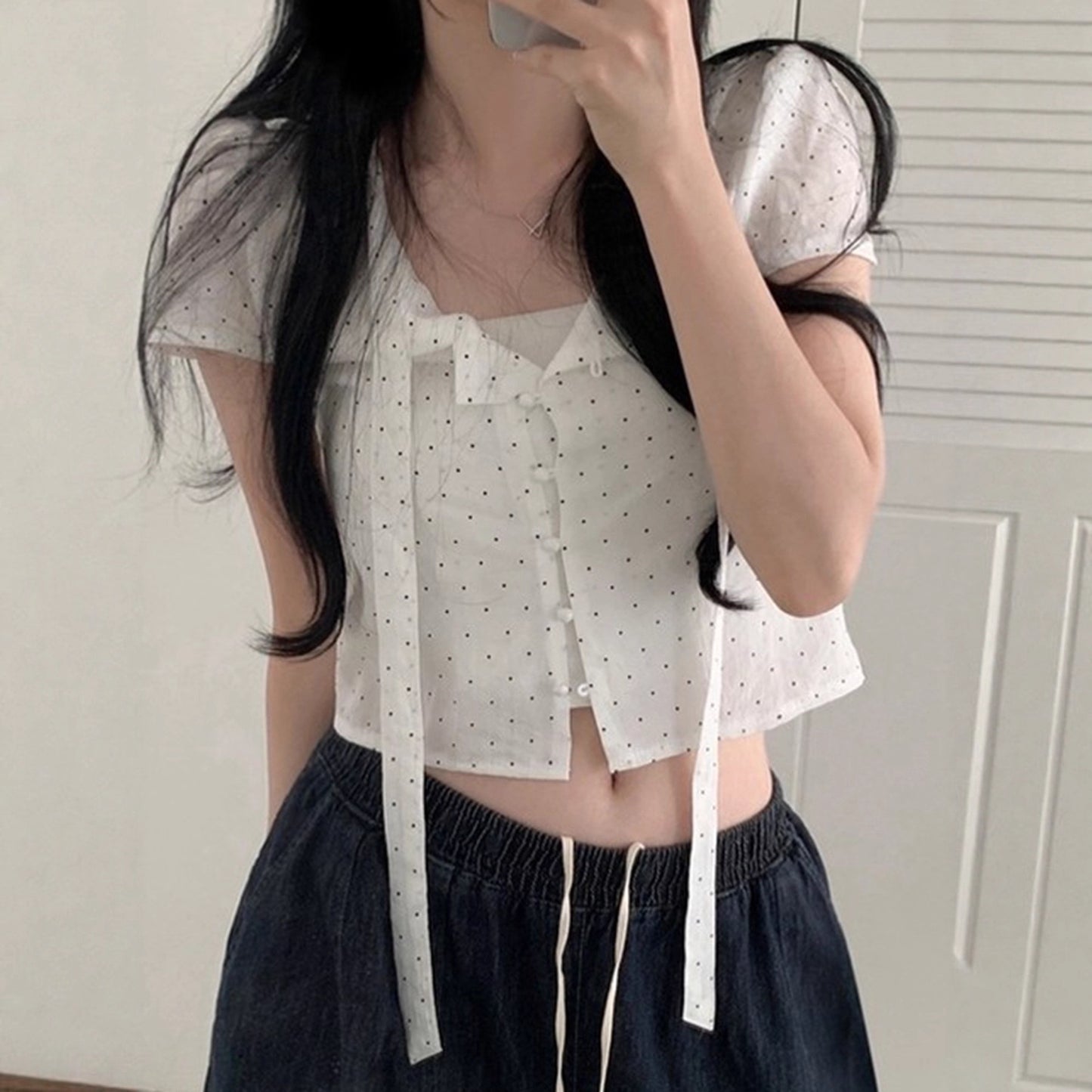 Sweet Alluring Bow-Knot Polka-Dot Strap Short-Sleeve T-Shirt