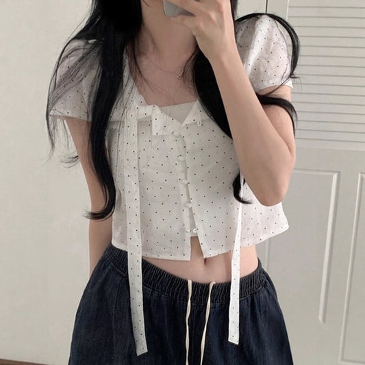 Sweet Alluring Bow-Knot Polka-Dot Strap Short-Sleeve T-Shirt