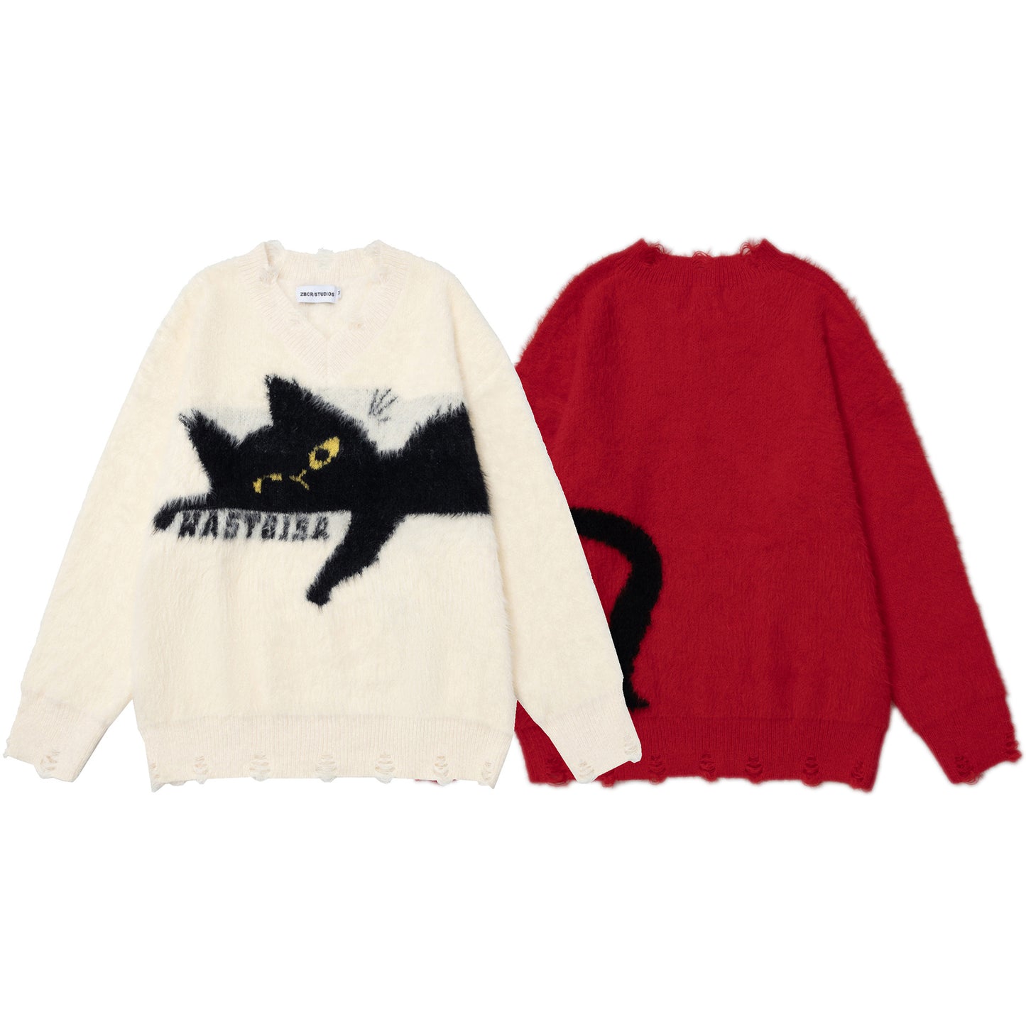 Retro Soft Glutinous Round Neck Set Idle Style Cat Loose Sweater Sweater