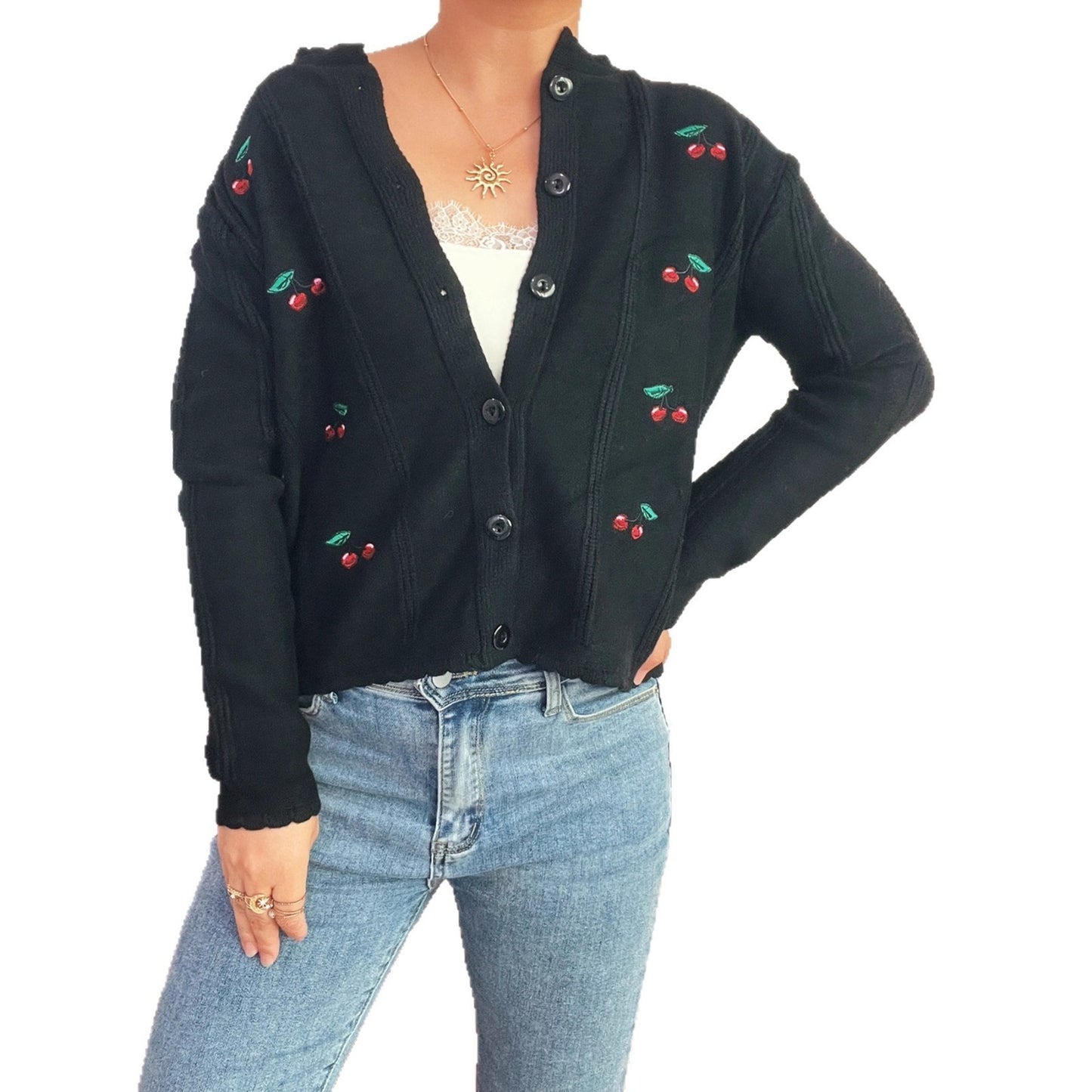 Kirsebærbroderet Sød Stil Bølget Rund Hals Enkeltradet Sweater Cardigan