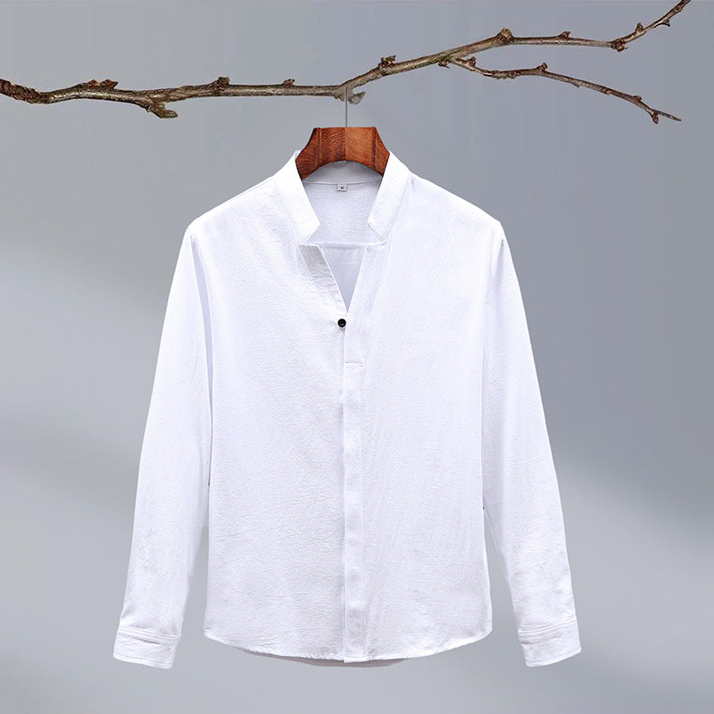 Cotton And Linen Crepe Solid Color Chinese Style Men's Long-sleeved Shirt