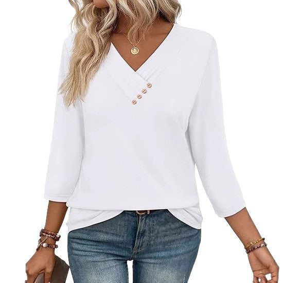 Europæisk og amerikansk ny efterårs dametøj, knap-V-hals, moderigtig, afslappet langærmet T-shirt