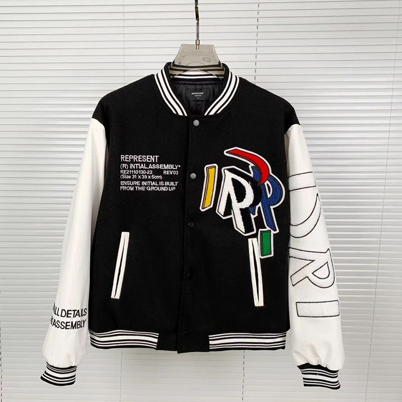 Color R Letter Embroidery Quilted Leather Sleeve Jacket Jacket Men's And Women's Baseball Uniform