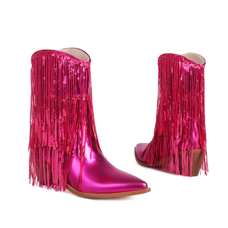 Sexy Sequin Tassel Pointed-Toe Chunky-Heel Ankle Boots For Women
