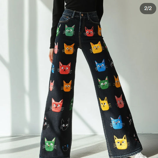 Women's Pop Art Cute Cat Design Jeans