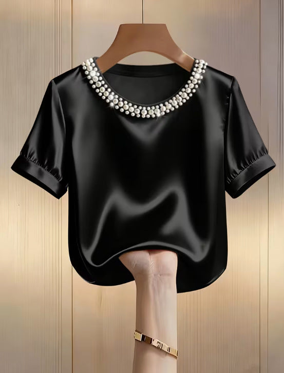 Sleek Stylish And Elegant Beaded Crew-neck Short-sleeve T-shirt