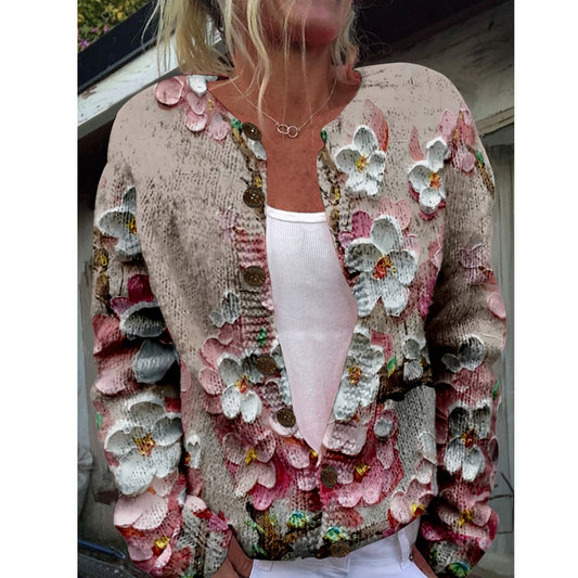 New Women's Autumn And Winter Style Loose 3D Printed Knitted Cardigan Sweater