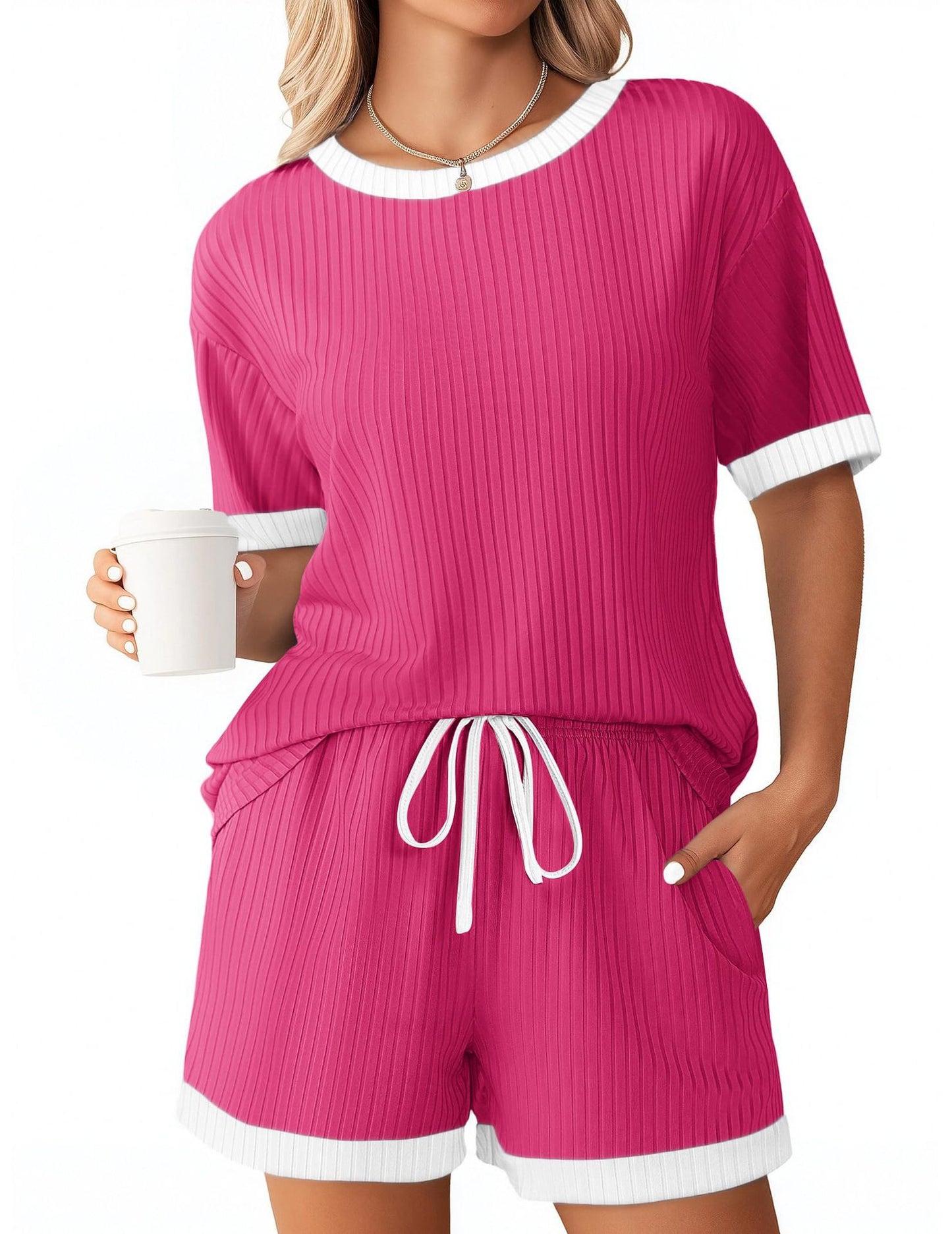 Solid-color Ribbed Patchwork Color-block Pajama Short-sleeve Loungewear Set