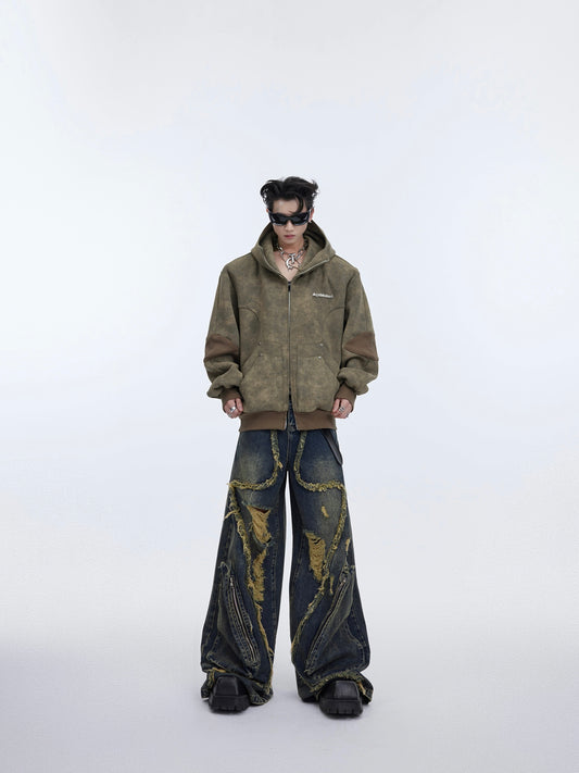 Retro Distressed Sweater Cardigan Stitching Design Sense Baggy Coat