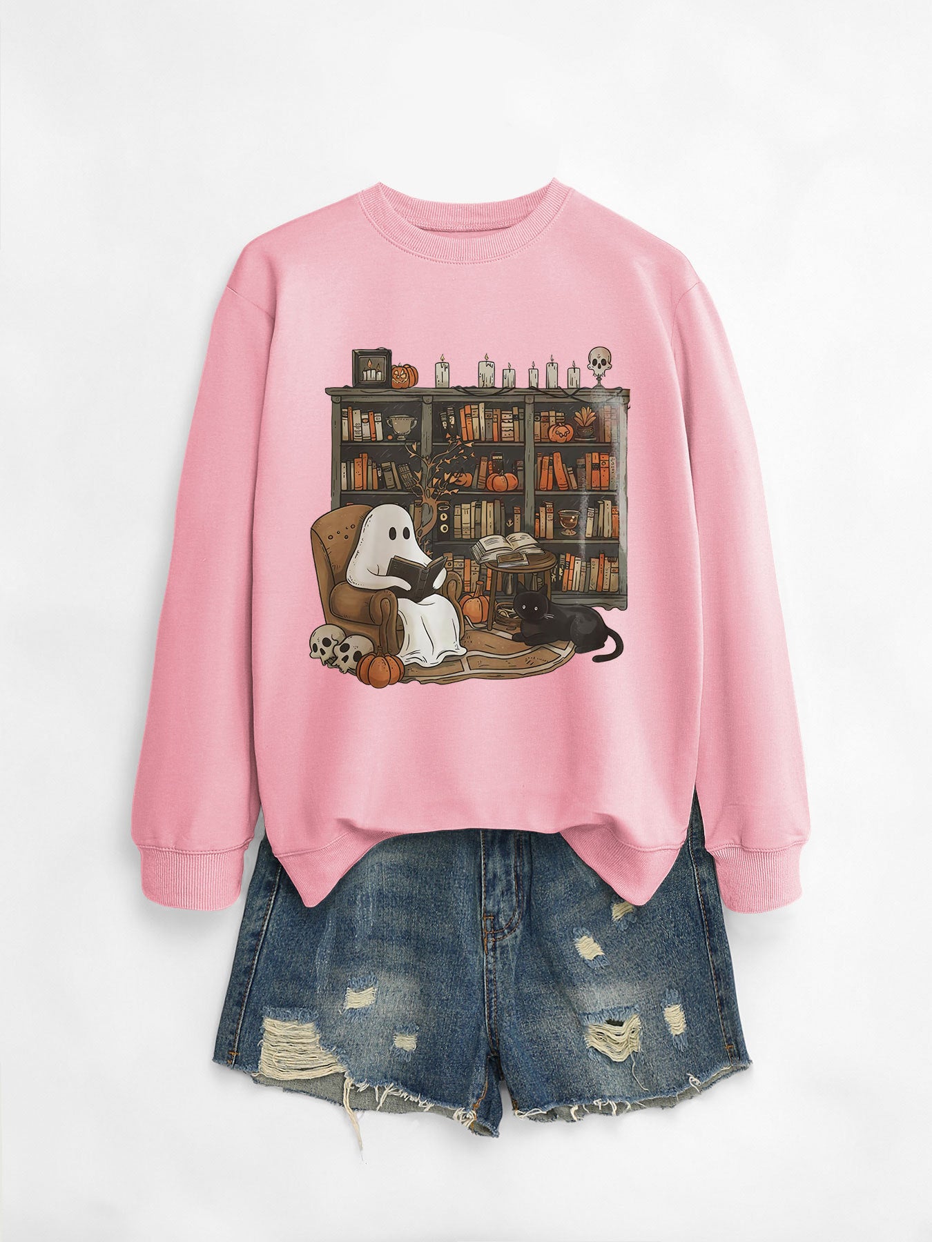 Printed Bookshelf Ghost Black Cat Round Neck Sweater