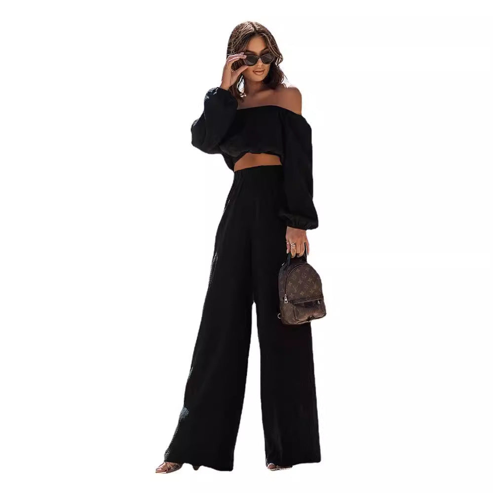 Short-sleeve Off-shoulder Top And Straight-leg Trousers Set