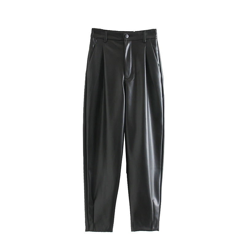Spring New Imitation Leather Elastic Waist PU Trousers