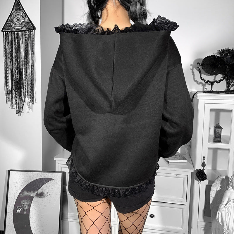 Women's Dark Style Lace Hooded Trendy Printed Sweatshirt