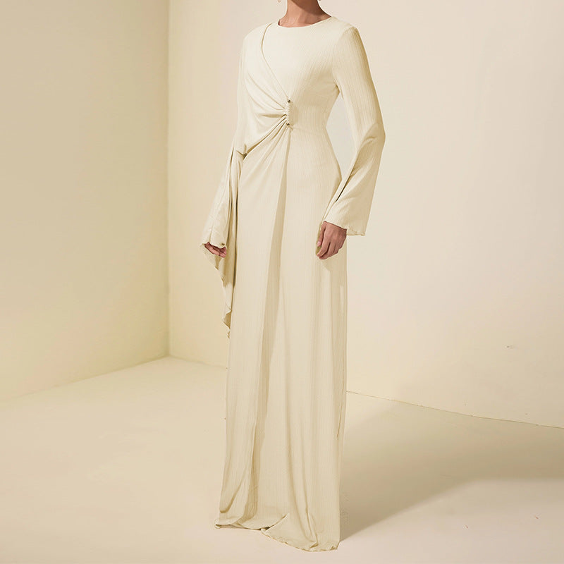 Crew-neck Asymmetrical Ruffle Long-sleeve Apricot Dress
